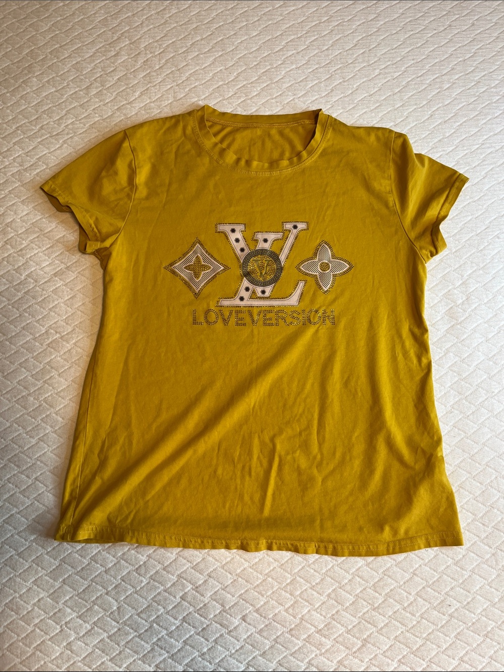 Yellow 'Love Version' Logo Tee, yellow with gold dot detailing, kids L